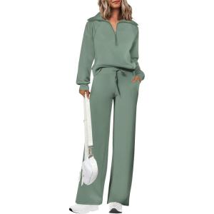 PRETTYGARDEN Women’s 2 Piece Outfits Casual Lapel Half Zip Sweatshirts and Wide Leg Pants Tracksuit Sets(Grey Green)