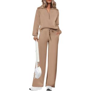 PRETTYGARDEN Women’s 2 Piece Outfits Casual Lapel Half Zip Sweatshirts and Wide Leg Pants Tracksuit Sets(Khaki)