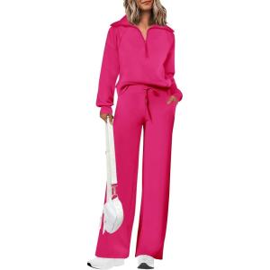 PRETTYGARDEN Women’s 2 Piece Outfits Casual Lapel Half Zip Sweatshirts and Wide Leg Pants Tracksuit Sets(Rose Red)
