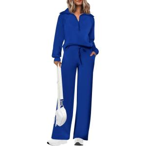 PRETTYGARDEN Women’s 2 Piece Outfits Casual Lapel Half Zip Sweatshirts and Wide Leg Pants Tracksuit Sets(Royal Blue)
