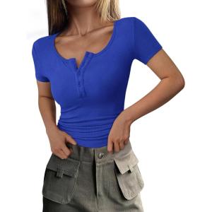 PRETTYGARDEN Women’s 2026 Fall Summer Short Sleeve Tops Ribbed Henley Button Slim Fit Basic Casual T Shirts Blouse Clothing(Royal Blue)