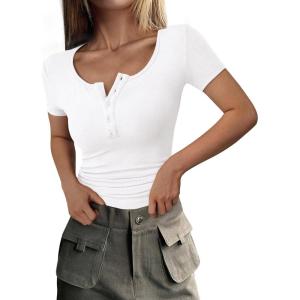 PRETTYGARDEN Women’s 2026 Fall Summer Short Sleeve Tops Ribbed Henley Button Slim Fit Basic Casual T Shirts Blouse Clothing(White)