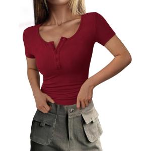 PRETTYGARDEN Women’s 2026 Fall Summer Short Sleeve Tops Ribbed Henley Button Slim Fit Basic Casual T Shirts Blouse Clothing(Wine Red)