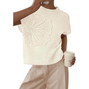 PRETTYGARDEN Women’s 2026 Spring Sweater Vest Trendy Flower Knit Short Sleeve Cute Pullover Tank Tops Summer Fashion Clothing(Beige)