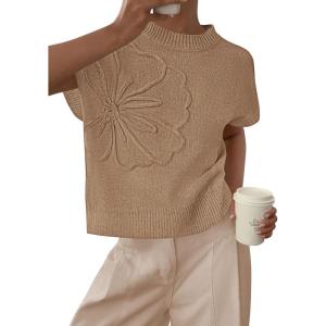 PRETTYGARDEN Women’s 2026 Spring Sweater Vest Trendy Flower Knit Short Sleeve Cute Pullover Tank Tops Summer Fashion Clothing(Khaki)