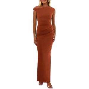 PRETTYGARDEN Women’s 2026 Summer Formal Maxi Dresses Sleeveless One Shoulder Bodycon Ruched Mesh Wedding Guest Cocktail Dress(Caramel)