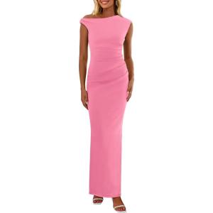 PRETTYGARDEN Women’s 2026 Summer Formal Maxi Dresses Sleeveless One Shoulder Bodycon Ruched Mesh Wedding Guest Cocktail Dress(Pink)