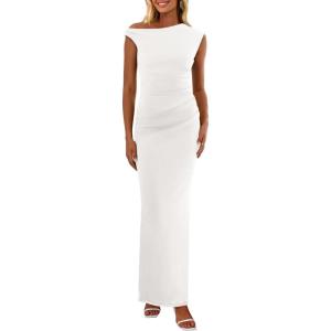 PRETTYGARDEN Women’s 2026 Summer Formal Maxi Dresses Sleeveless One Shoulder Bodycon Ruched Mesh Wedding Guest Cocktail Dress(White)
