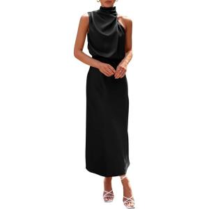PRETTYGARDEN Women’s 2026 Summer Satin Dress Elegant Sleeveless Mock Neck Cocktail Party Maxi Dresses(Black)