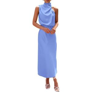 PRETTYGARDEN Women’s 2026 Summer Satin Dress Elegant Sleeveless Mock Neck Cocktail Party Maxi Dresses(Blue)