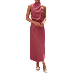 PRETTYGARDEN Women’s 2026 Summer Satin Dress Elegant Sleeveless Mock Neck Cocktail Party Maxi Dresses(Brick Red)