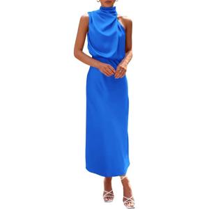 PRETTYGARDEN Women’s 2026 Summer Satin Dress Elegant Sleeveless Mock Neck Cocktail Party Maxi Dresses(Brilliant Blue)