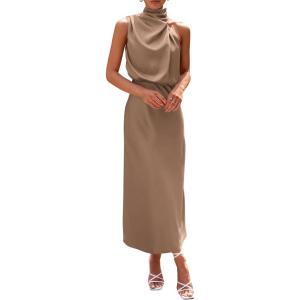 PRETTYGARDEN Women’s 2026 Summer Satin Dress Elegant Sleeveless Mock Neck Cocktail Party Maxi Dresses(Champagne)