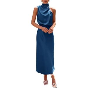 PRETTYGARDEN Women’s 2026 Summer Satin Dress Elegant Sleeveless Mock Neck Cocktail Party Maxi Dresses(Dark Blue)