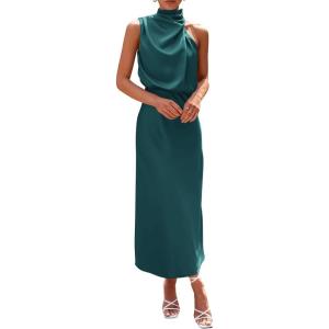 PRETTYGARDEN Women’s 2026 Summer Satin Dress Elegant Sleeveless Mock Neck Cocktail Party Maxi Dresses(Dark Green)