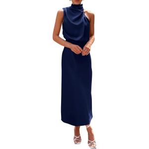 PRETTYGARDEN Women’s 2026 Summer Satin Dress Elegant Sleeveless Mock Neck Cocktail Party Maxi Dresses(Dark Navy)