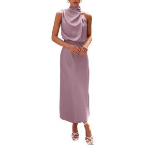 PRETTYGARDEN Women’s 2026 Summer Satin Dress Elegant Sleeveless Mock Neck Cocktail Party Maxi Dresses(Dusty Pink)