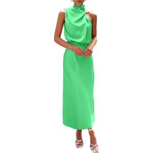 PRETTYGARDEN Women’s 2026 Summer Satin Dress Elegant Sleeveless Mock Neck Cocktail Party Maxi Dresses(Grass Green)