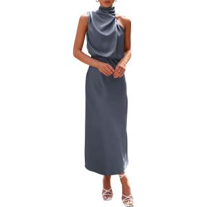 PRETTYGARDEN Women’s 2026 Summer Satin Dress Elegant Sleeveless Mock Neck Cocktail Party Maxi Dresses(Grey Blue)