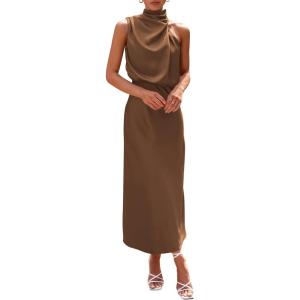 PRETTYGARDEN Women’s 2026 Summer Satin Dress Elegant Sleeveless Mock Neck Cocktail Party Maxi Dresses(Khaki)