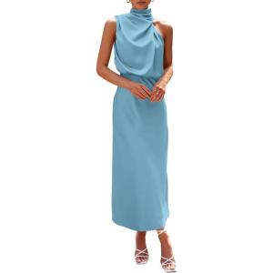 PRETTYGARDEN Women’s 2026 Summer Satin Dress Elegant Sleeveless Mock Neck Cocktail Party Maxi Dresses(Light Blue)