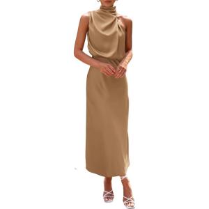 PRETTYGARDEN Women’s 2026 Summer Satin Dress Elegant Sleeveless Mock Neck Cocktail Party Maxi Dresses(Light Khaki)