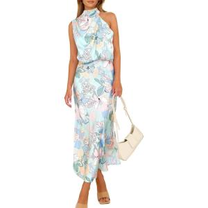 PRETTYGARDEN Women’s 2026 Summer Satin Dress Elegant Sleeveless Mock Neck Cocktail Party Maxi Dresses(Print Blue)