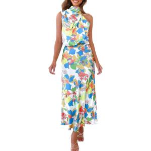PRETTYGARDEN Women’s 2026 Summer Satin Dress Elegant Sleeveless Mock Neck Cocktail Party Maxi Dresses(Print Multicolored)