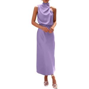 PRETTYGARDEN Women’s 2026 Summer Satin Dress Elegant Sleeveless Mock Neck Cocktail Party Maxi Dresses(Purple)