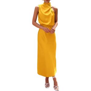 PRETTYGARDEN Women’s 2026 Summer Satin Dress Elegant Sleeveless Mock Neck Cocktail Party Maxi Dresses(Yellow)