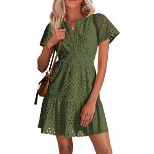 PRETTYGARDEN Womens 2026 Summer Short Dress V Neck Short Sleeve A Line Hollow Out Lace Ruffle Cute Casual Beach Party Dresses(Army Green)