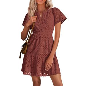 PRETTYGARDEN Womens 2026 Summer Short Dress V Neck Short Sleeve A Line Hollow Out Lace Ruffle Cute Casual Beach Party Dresses(Brown Red)