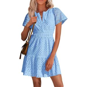 PRETTYGARDEN Womens 2026 Summer Short Dress V Neck Short Sleeve A Line Hollow Out Lace Ruffle Cute Casual Beach Party Dresses(Light Blue)