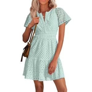 PRETTYGARDEN Womens 2026 Summer Short Dress V Neck Short Sleeve A Line Hollow Out Lace Ruffle Cute Casual Beach Party Dresses(Light Green)