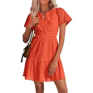 PRETTYGARDEN Womens 2026 Summer Short Dress V Neck Short Sleeve A Line Hollow Out Lace Ruffle Cute Casual Beach Party Dresses(Orange)