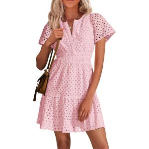 PRETTYGARDEN Womens 2026 Summer Short Dress V Neck Short Sleeve A Line Hollow Out Lace Ruffle Cute Casual Beach Party Dresses(Pink)