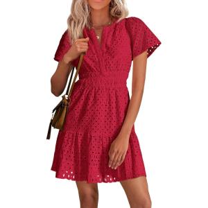 PRETTYGARDEN Womens 2026 Summer Short Dress V Neck Short Sleeve A Line Hollow Out Lace Ruffle Cute Casual Beach Party Dresses(Red)