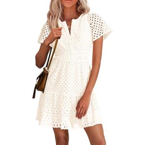 PRETTYGARDEN Womens 2026 Summer Short Dress V Neck Short Sleeve A Line Hollow Out Lace Ruffle Cute Casual Beach Party Dresses(White)