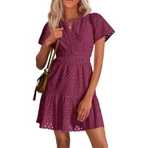 PRETTYGARDEN Womens 2026 Summer Short Dress V Neck Short Sleeve A Line Hollow Out Lace Ruffle Cute Casual Beach Party Dresses(Wine Red)