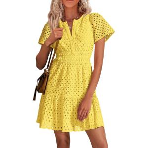 PRETTYGARDEN Womens 2026 Summer Short Dress V Neck Short Sleeve A Line Hollow Out Lace Ruffle Cute Casual Beach Party Dresses(Yellow)