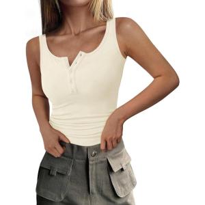 PRETTYGARDEN Womens 2026 Summer Tank Tops Ribbed Knit Slim Fit Sleeveless Henley Shirts Casual Basic Button Up Blouse(Beige)