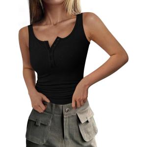 PRETTYGARDEN Womens 2026 Summer Tank Tops Ribbed Knit Slim Fit Sleeveless Henley Shirts Casual Basic Button Up Blouse(Black)