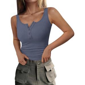 PRETTYGARDEN Womens 2026 Summer Tank Tops Ribbed Knit Slim Fit Sleeveless Henley Shirts Casual Basic Button Up Blouse(Blue Grey)