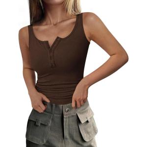 PRETTYGARDEN Womens 2026 Summer Tank Tops Ribbed Knit Slim Fit Sleeveless Henley Shirts Casual Basic Button Up Blouse(Coffee)