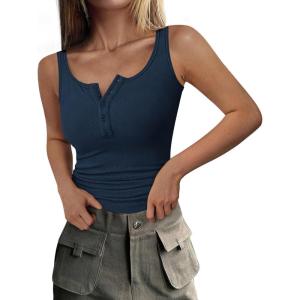 PRETTYGARDEN Womens 2026 Summer Tank Tops Ribbed Knit Slim Fit Sleeveless Henley Shirts Casual Basic Button Up Blouse(Dark Blue)
