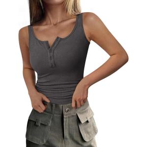 PRETTYGARDEN Womens 2026 Summer Tank Tops Ribbed Knit Slim Fit Sleeveless Henley Shirts Casual Basic Button Up Blouse(Dark Grey)