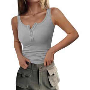 PRETTYGARDEN Womens 2026 Summer Tank Tops Ribbed Knit Slim Fit Sleeveless Henley Shirts Casual Basic Button Up Blouse(Grey)