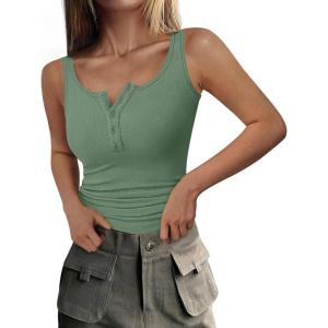 PRETTYGARDEN Womens 2026 Summer Tank Tops Ribbed Knit Slim Fit Sleeveless Henley Shirts Casual Basic Button Up Blouse(Grey Green)
