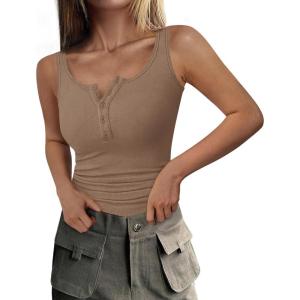 PRETTYGARDEN Womens 2026 Summer Tank Tops Ribbed Knit Slim Fit Sleeveless Henley Shirts Casual Basic Button Up Blouse(Khaki)