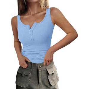PRETTYGARDEN Womens 2026 Summer Tank Tops Ribbed Knit Slim Fit Sleeveless Henley Shirts Casual Basic Button Up Blouse(Light Blue)